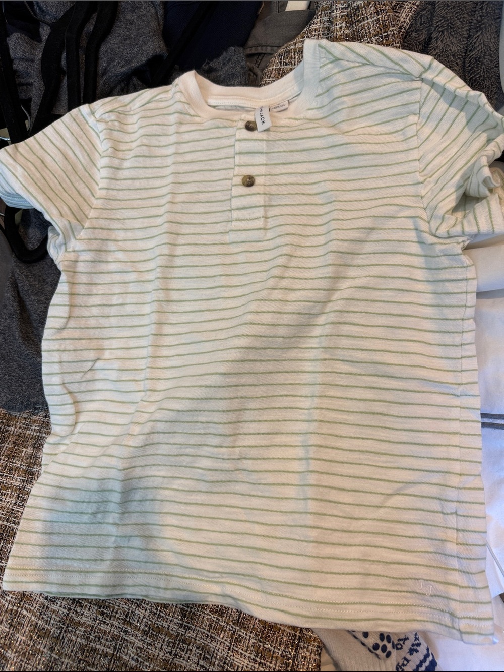 Janie and Jack White Short-Sleeve Henley Tee with Light Green Stripes